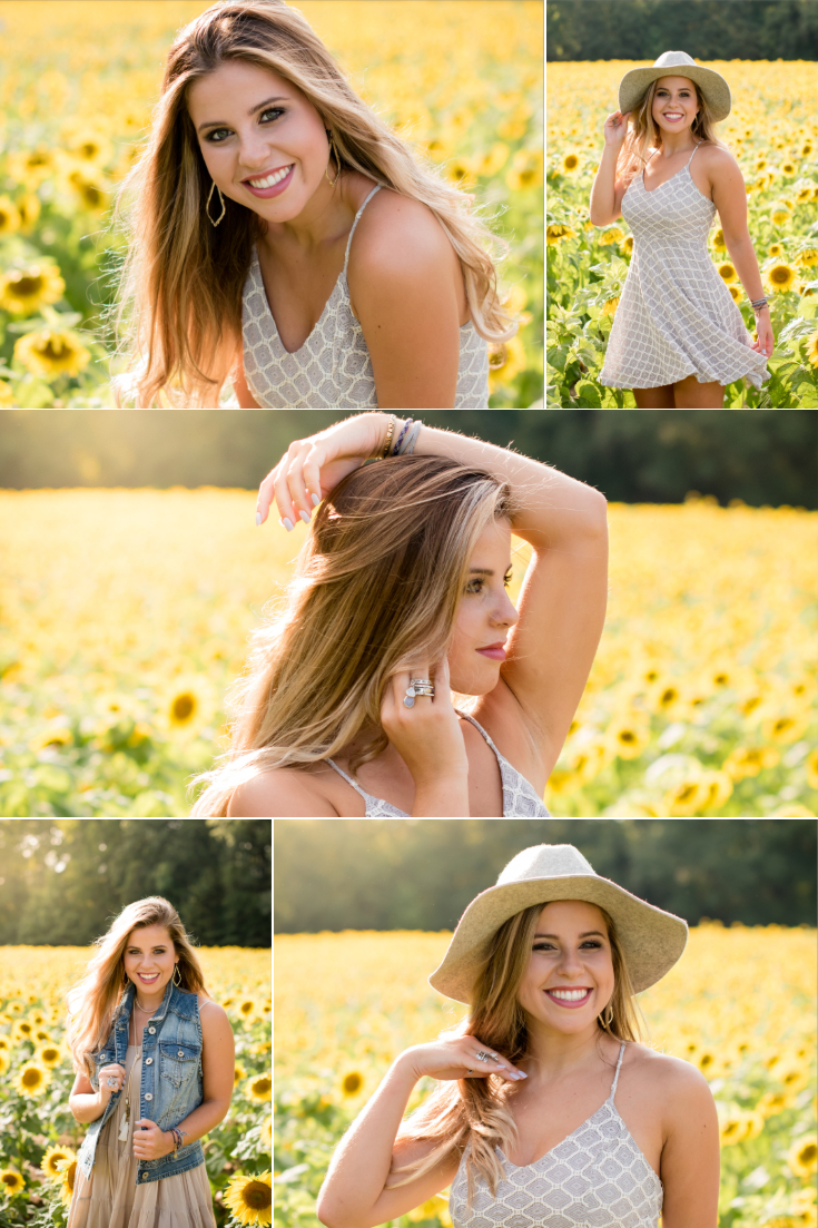 Natural, outdoor senior portrait photographer captures Weddington High School teen stunner in a beautiful fall sunflower field pictures at Roots Farm in Waxhaw ,Charlotte, NC.