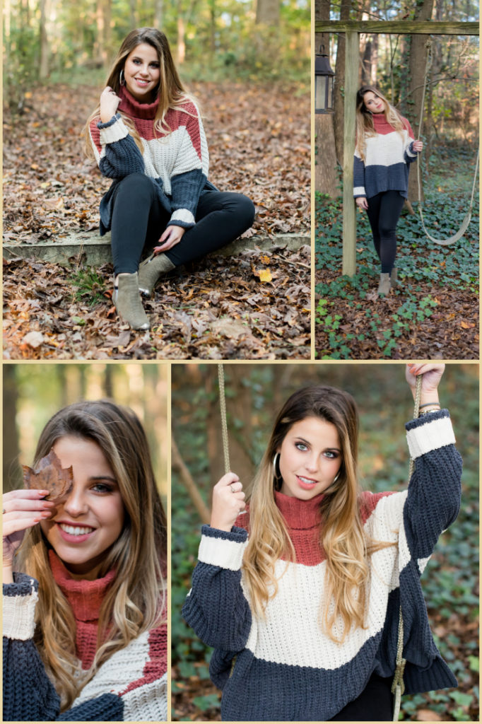 Charlotte, NC high school model fall senior pictures in color block sweater from Urbane South in Waverly