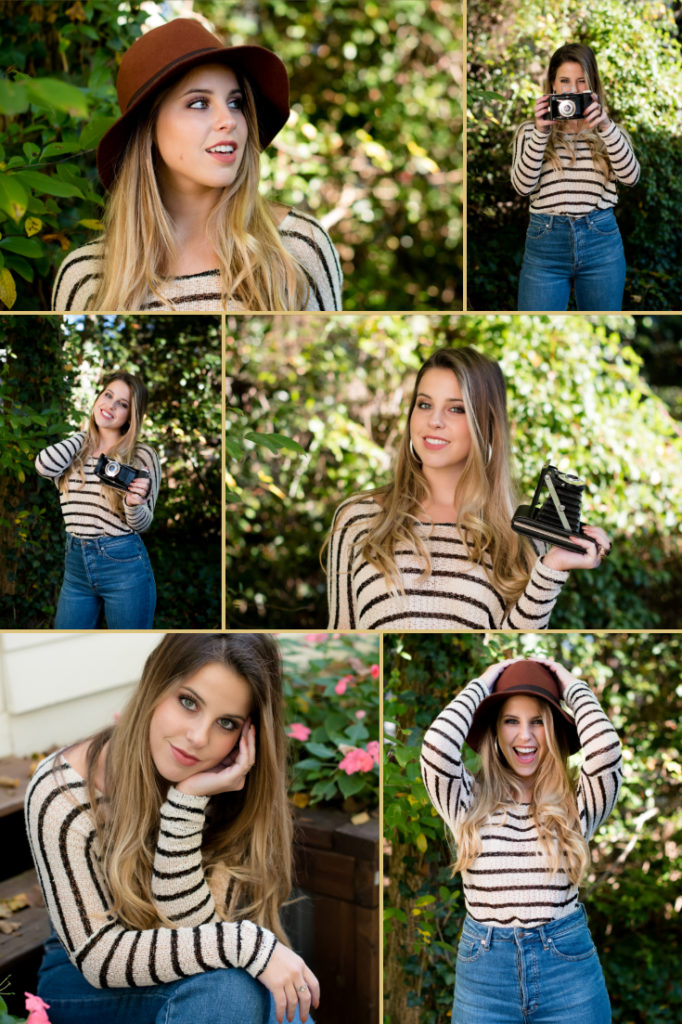 Weddington High School senior portraits in the Ballantyne area of Charlotte, NC of girl in striped shirt with antique camera