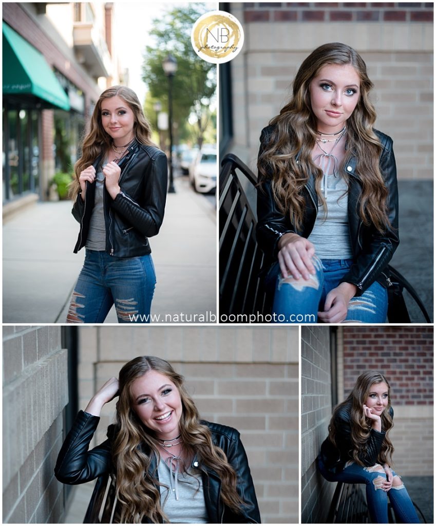 Waxhaw, North Carolina urban style high school senior portraits by Natural Bloom Photography in the South Park Mall area of Charlotte. Black leather jacket, layered jewelry, long beach waves street photography