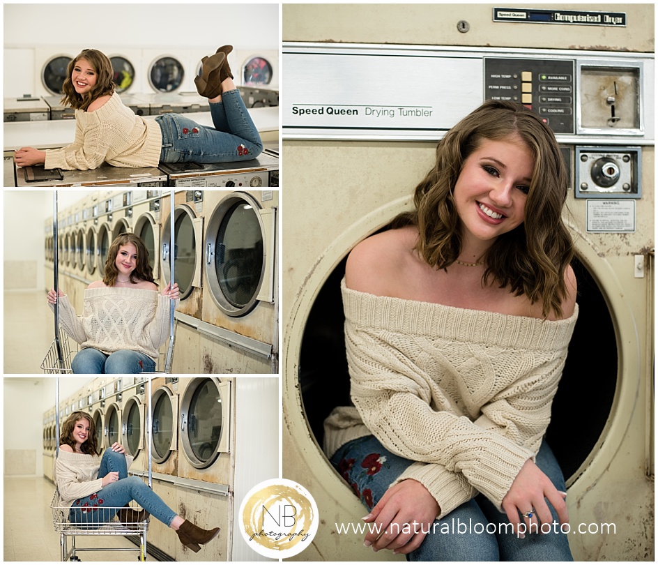 Charlotte, NC high school senior portraits in laundromat.