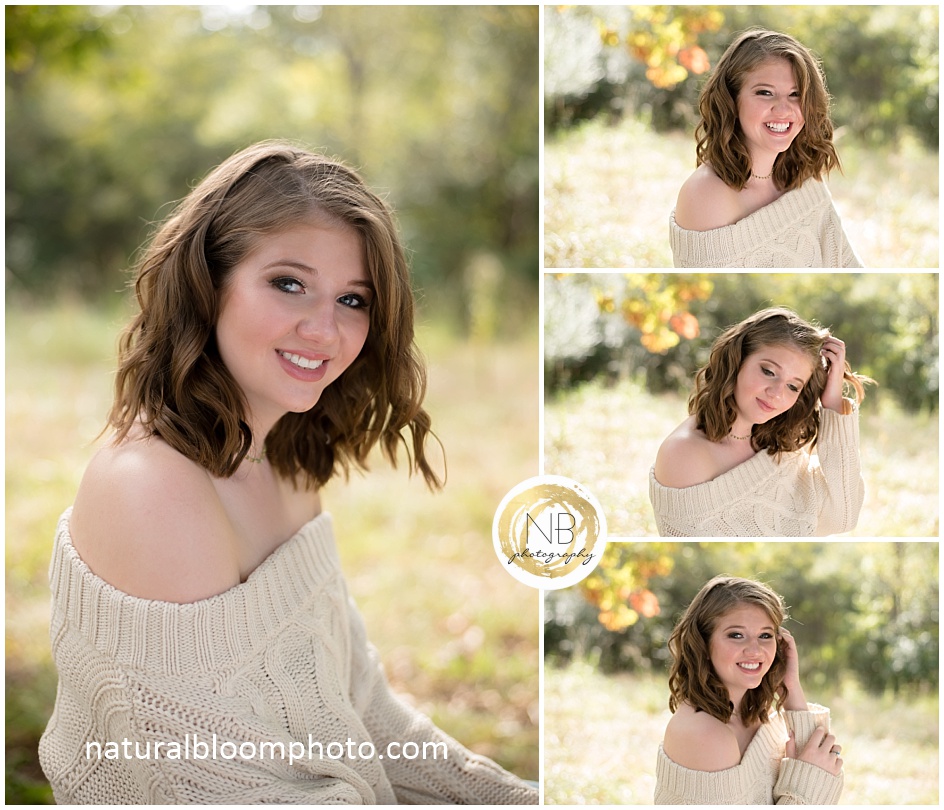 Outdoor Senior Pictures | Waxhaw Teen Portrait Photographer | Natural Bloom Photography | Premier Portrait Experience | Fall outdoor natural light with cream sweater, professional make-up and beach waves.