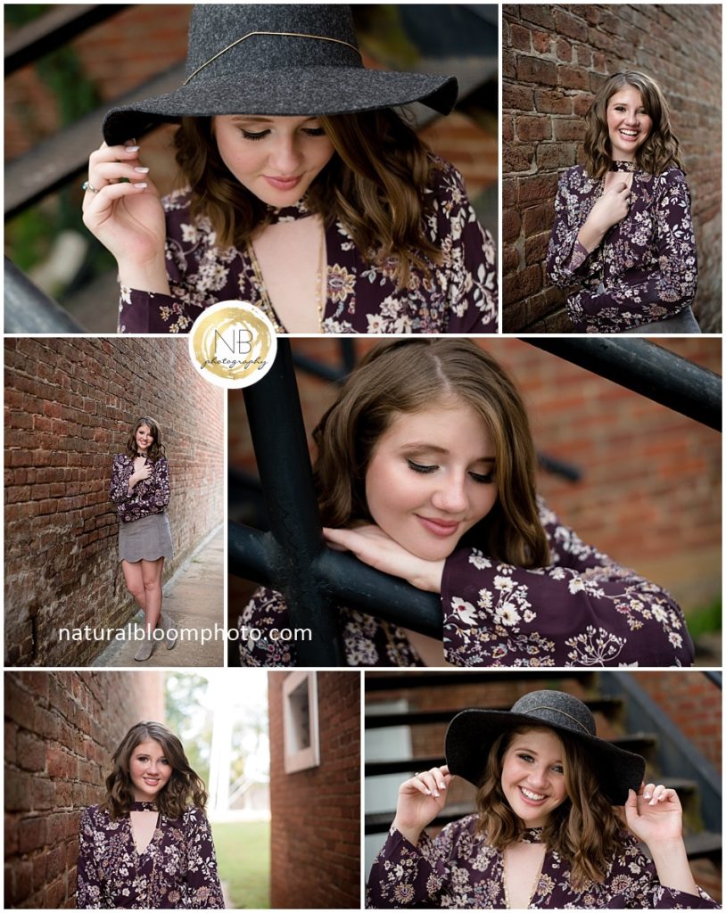 Downtown Waxhaw girl senior portraits with brick wall and iron stairs