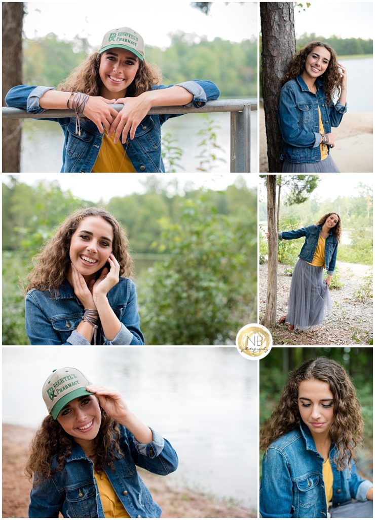 Weddington High School fall senior pictures of girl in baseball cap, denim jean jacket and tulle skirt, by Charlotte, NC photographer