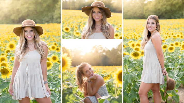 Weddington High school senior portraits at Roots Farm in Waxhaw, North Carolina by Natural Bloom Photography. Back lit sunflower portraits of girl in flowy dress and floppy hat 