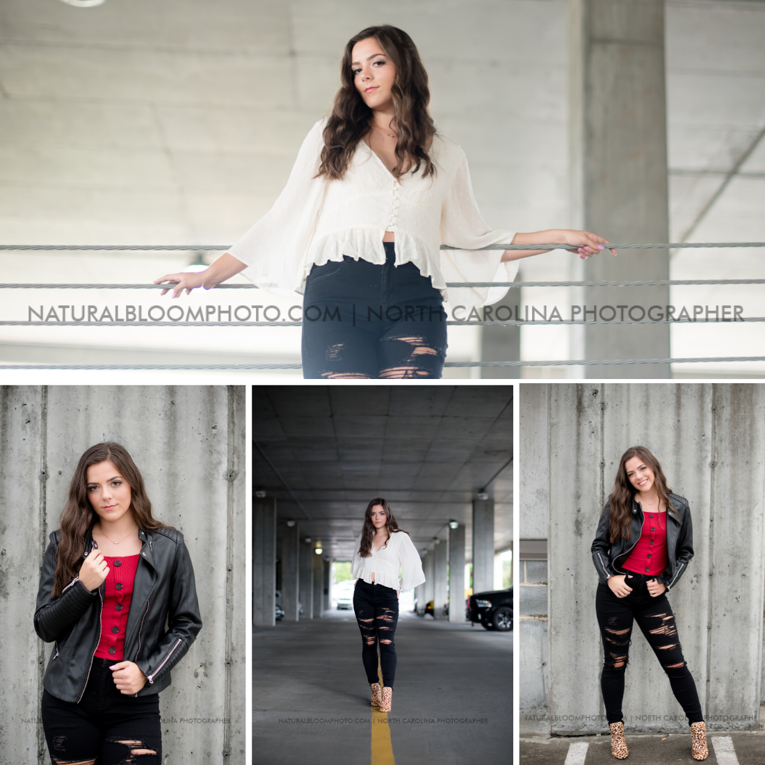 Urban style senior pictures of girl in parking garage with black leather jacket and red shirt