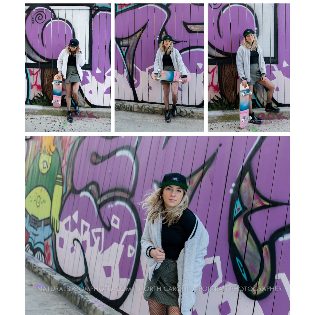 Grunge skater girl senior pictures in skate shop, record store, and graffiti wall in Uptown Charlotte North Carolina
