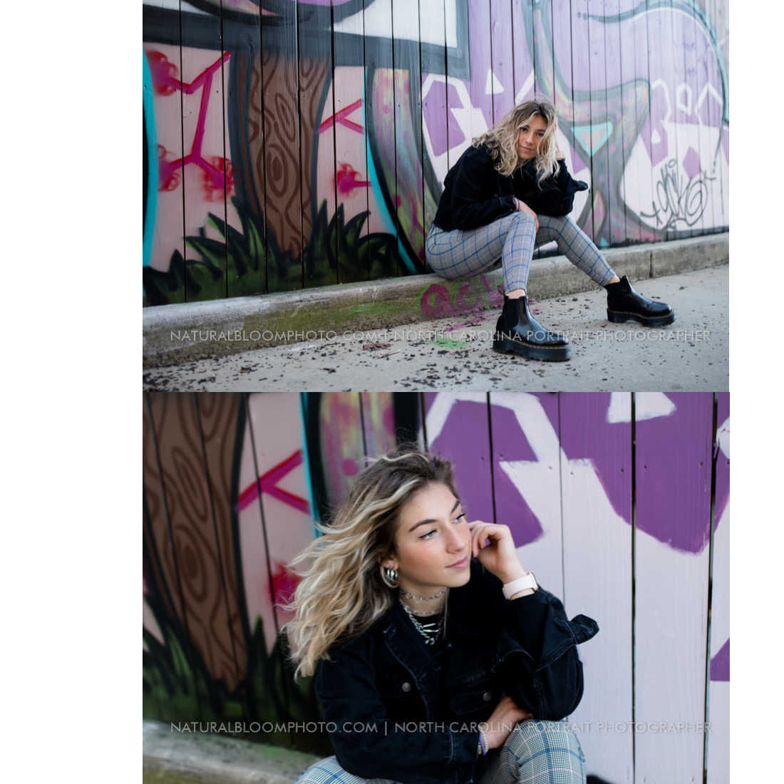 Grunge skater girl senior pictures in skate shop, record store, and graffiti wall in Uptown Charlotte North Carolina