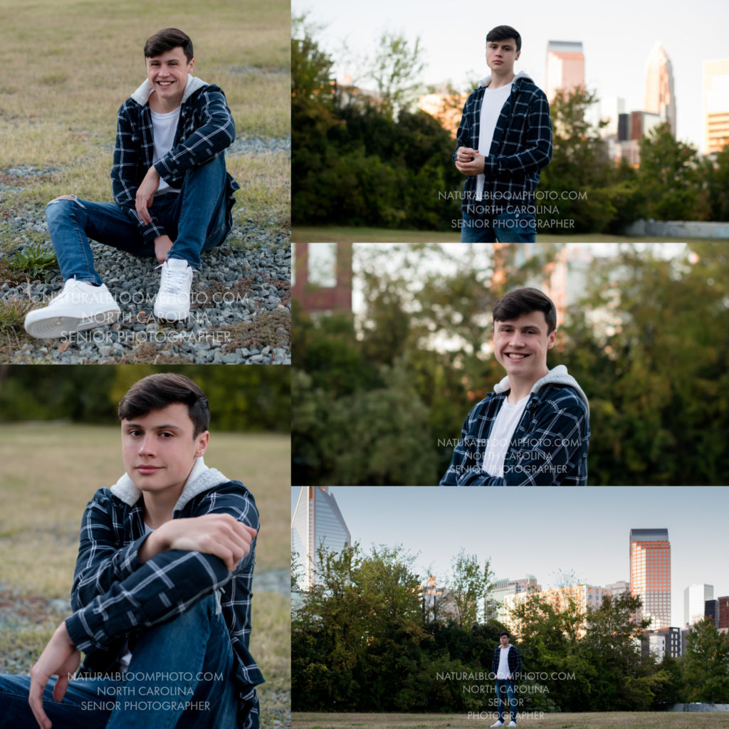 Charlotte NC natural senior boy pictures with Charlotte skyline in the background