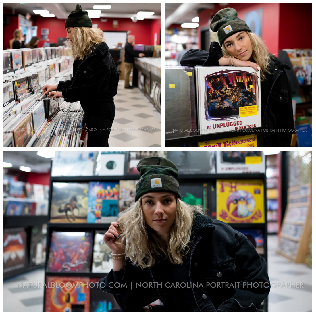 Grunge skater girl senior pictures in skate shop, record store, and graffiti wall in Uptown Charlotte North Carolina