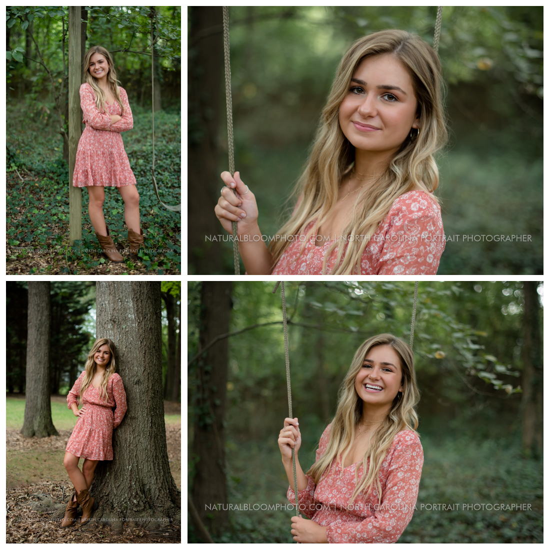 senior girl portraits in lush ivy colored park with wooden swing