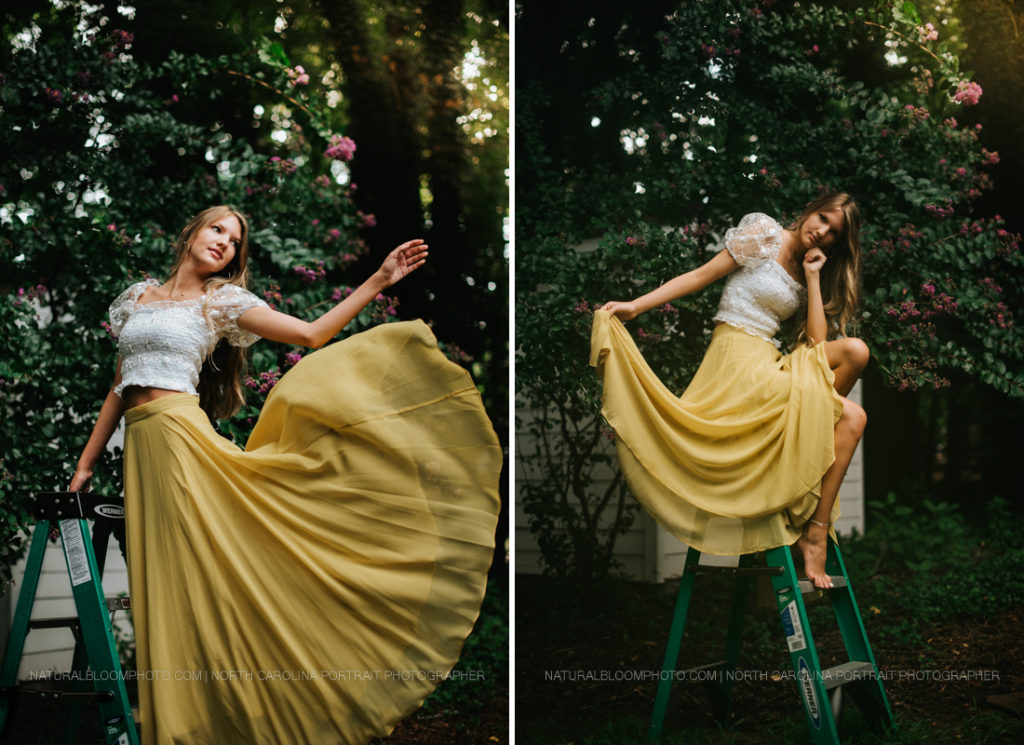 Girl on ladder in flowy yellow skirt artistic portraits