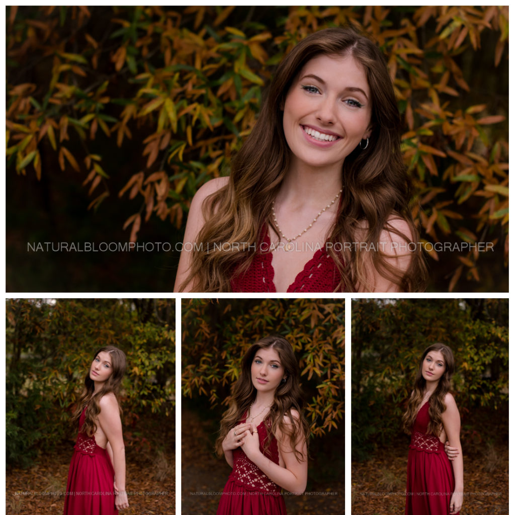 fall senior pictures with fall leaves and red maxi dress with beach wave hair