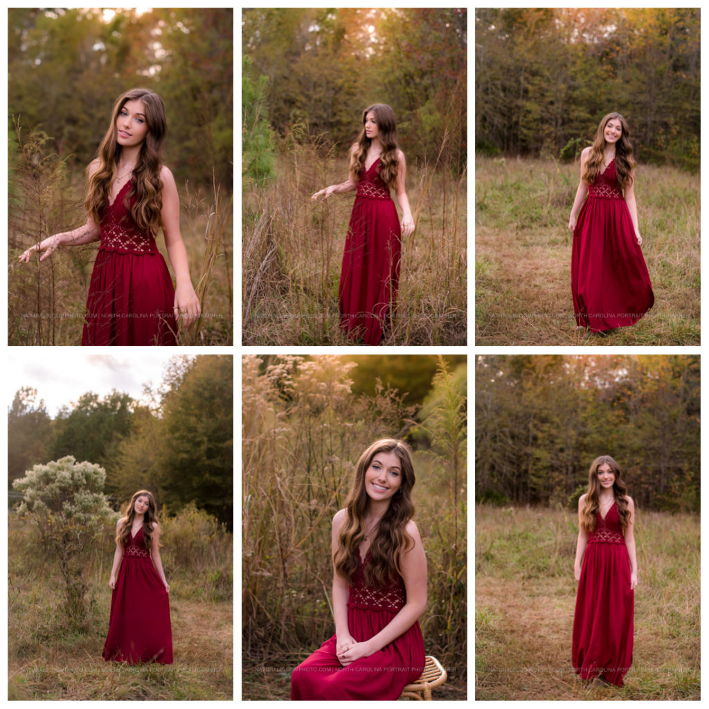 senior pictures in rustic field in red dress by North Carolina photographer