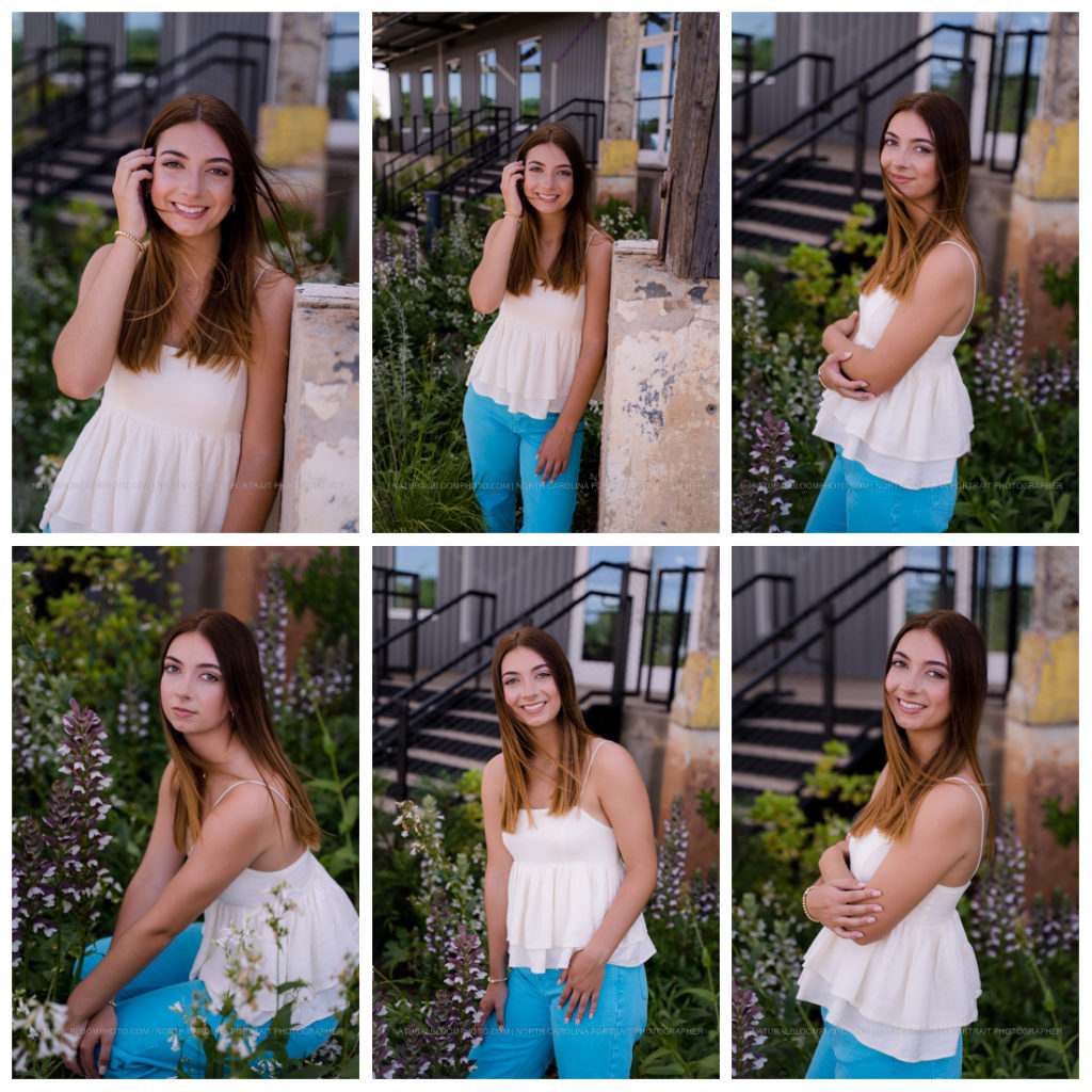 girl senior pictures in the camp northend area of Charlotte, North Carolina, teal pants and white top