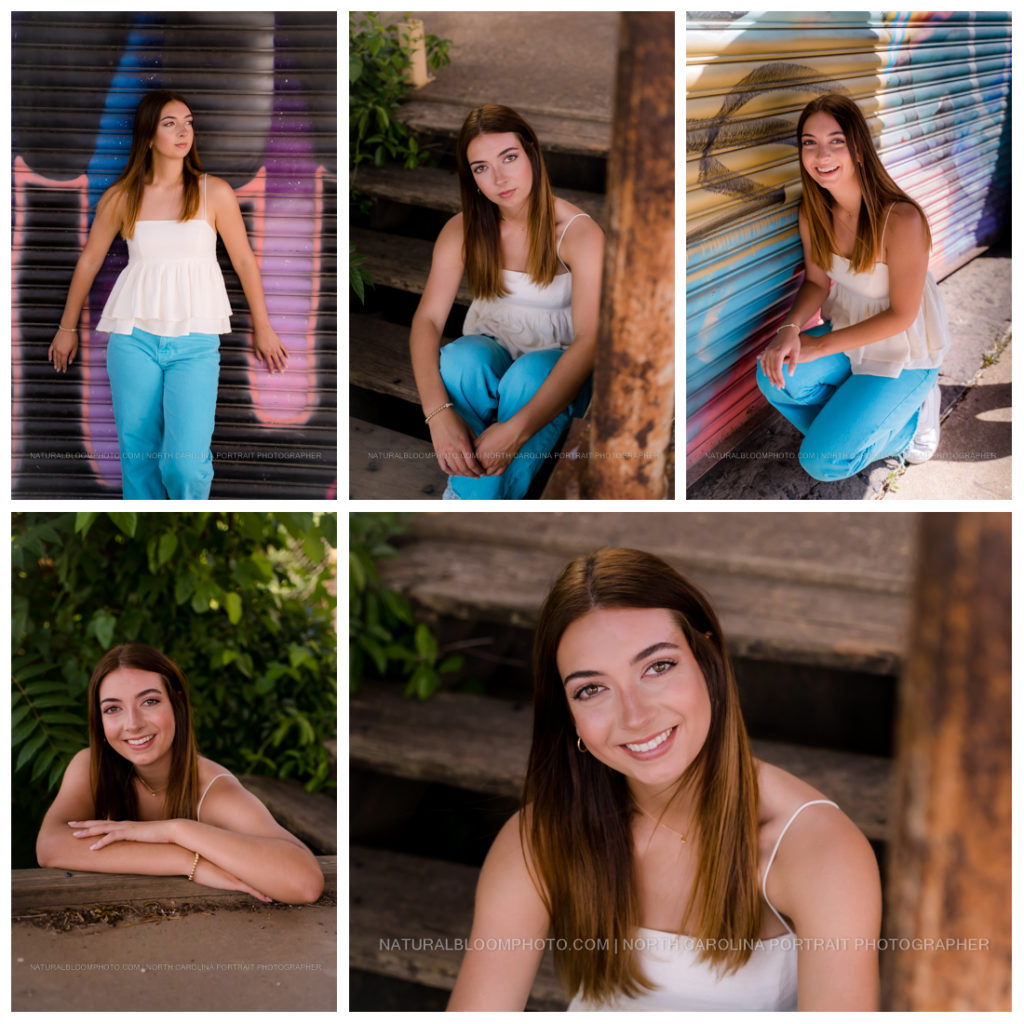 girl senior pictures in the camp northend area of Charlotte, North Carolina, teal pants and white top
