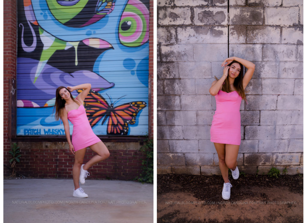 girl senior pictures in the camp northend area of Charlotte, North Carolina, pink barbiecore dress