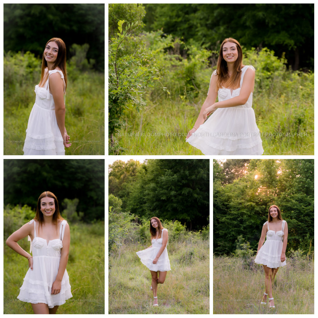 Marvin Efird Park field senior pictures in Waxhaw, NC in May, white dress