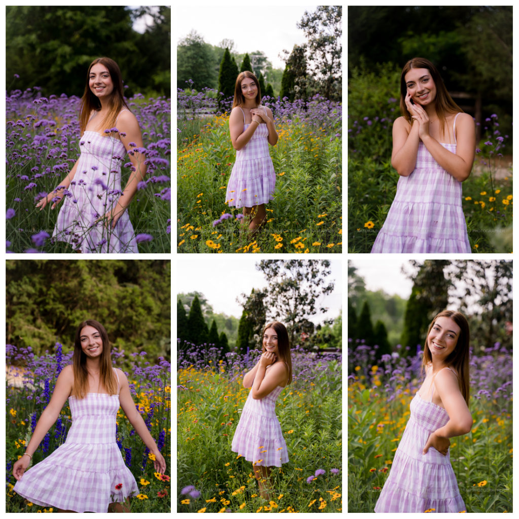 Marvin Efird Park flower field senior pictures in Waxhaw, NC in May. Girl is wearing a purple checkered dress, standing near purple and yellow flowers.